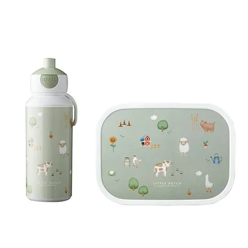 Mittagessenset Pop up Trinkflasche und Lunchbox Grün Little Farm Studio Aufnahme