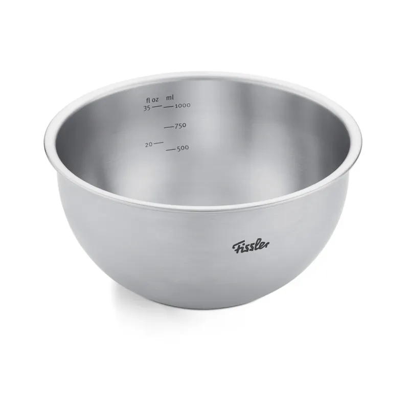 Fissler Essential® Schüssel 16cm: robuste Edelstahlschüssel mit präzisen Messmarken, spülmaschinenfest, Logo außen.