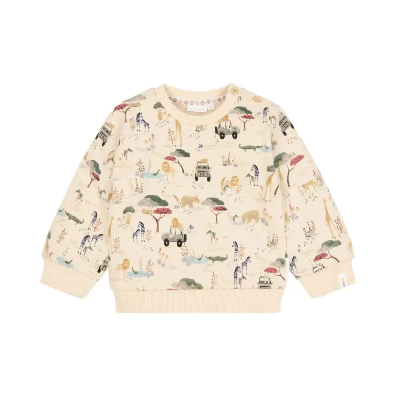Little Dutch Pullover Beige mit Safari Print, Löwen Zebras Geländewagen und Giraffen