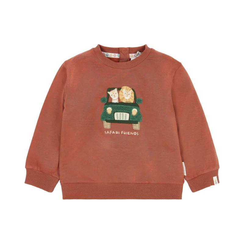 Little Dutch Pullover Rostrot mit Safari Friends Stickerei, Löwe und Leopard im Jeep