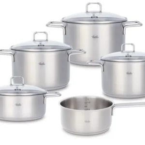Fissler SatiTherm 5-teiliges Topf-Set: vier induktionsgeeignete Edelstahltöpfe mit Glasdeckel, Stielkasserolle ohne Deckel.