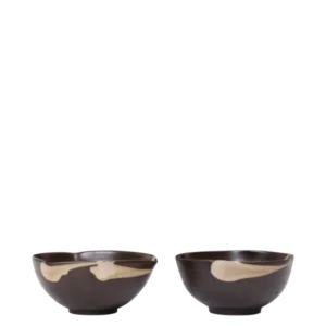 Koyo Bowls in dark brown/buff, set of two with pinched rims and leaf-shaped glaze
