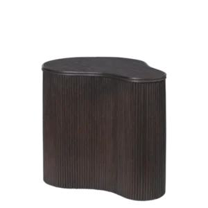 Isola Storage Table in dark stained, kidney-shaped with ribbed sides and lift-off lid
