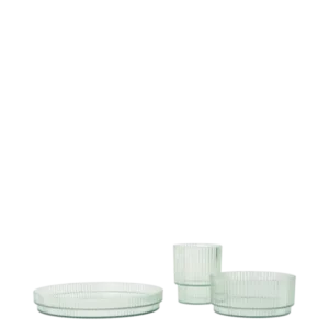 Ripple Kids Dinner Set in tea green with ribbed plate, bowl and cup