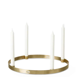 Candle Holder Circle Large in brass, ring holding four white taper candles