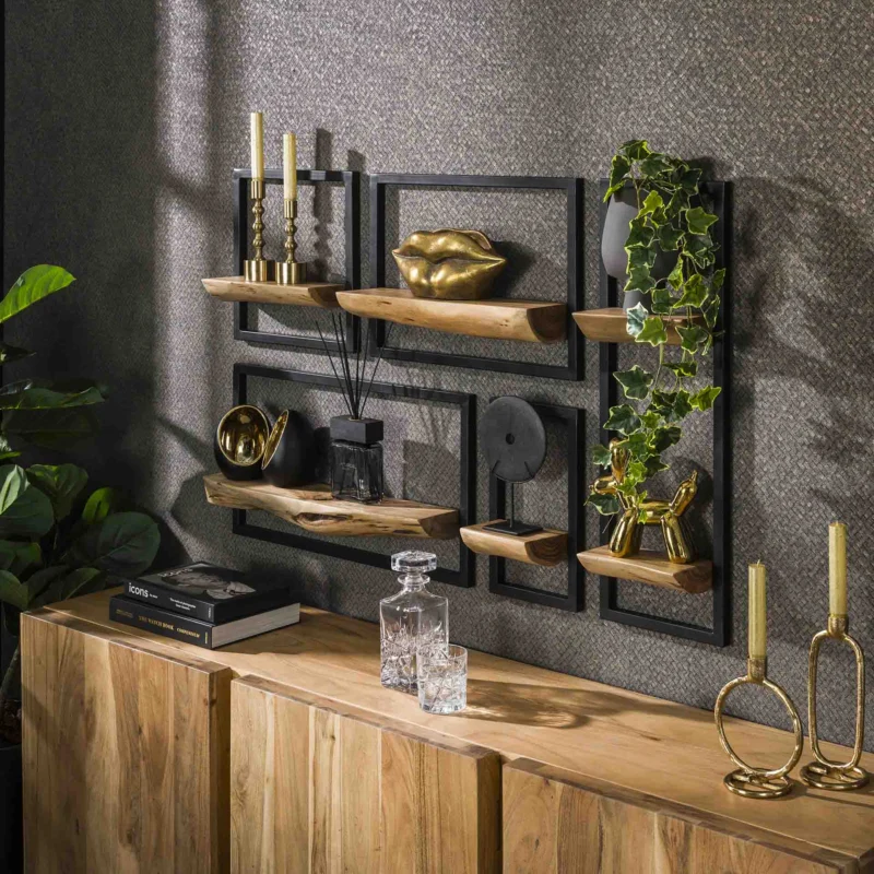 Wandregale – Set mit 5 Wandregalen Viggo Akazienholz Metall - Dimehouse