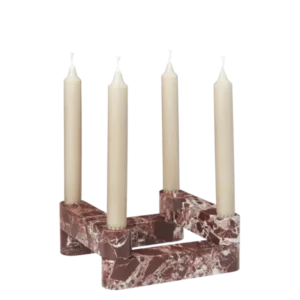 Newel Modular Candle Holder in Rosso Levanto, set of four units arranged with taper candles