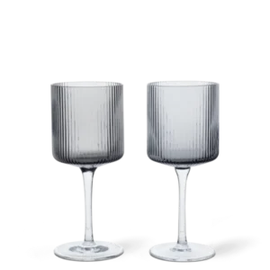 Ripple White Wine Glasses in smoked grey, set of 2 with ribbed bowls and clear stems