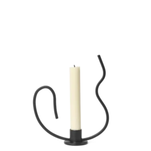 Valse Candle Holder low in black with wavy curved rods, holding a cream taper candle