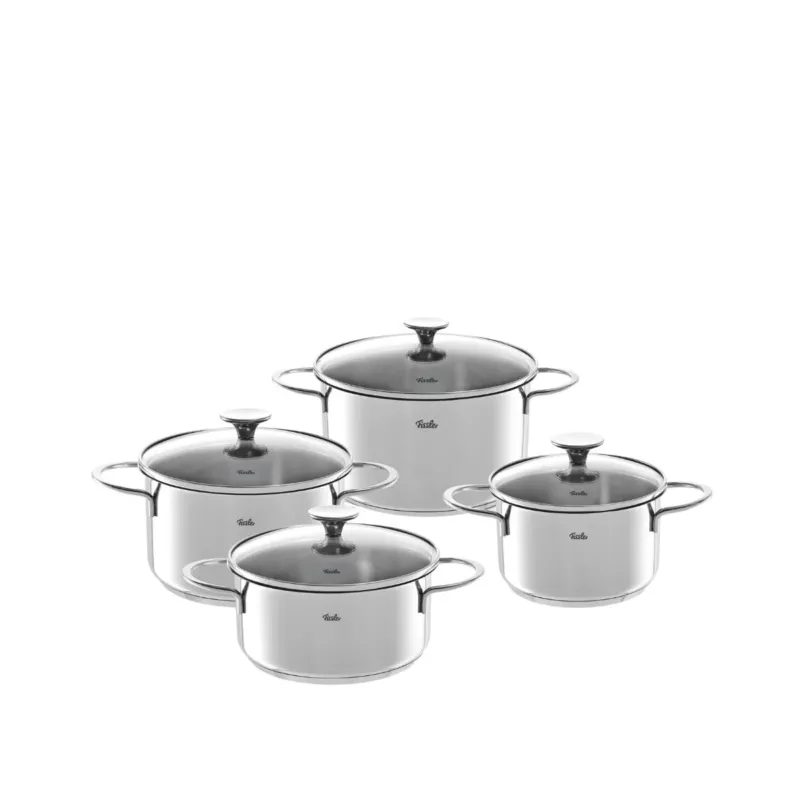Fissler Copenhagen 4-teiliges Topfset aus Edelstahl mit Glasdeckeln und Metallgriffen, hergestellt in Deutschland, abgebildet auf weißem Hintergrund.