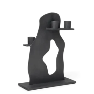 Erode Candle Holder in black aluminium with three candle cups on a cut-out form