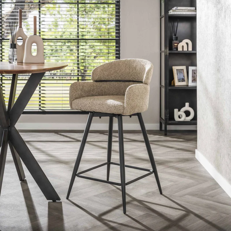 Barhocker - Barhocker Sienna Bouclé Sand Runde Rückseite drehbar - Dimehouse