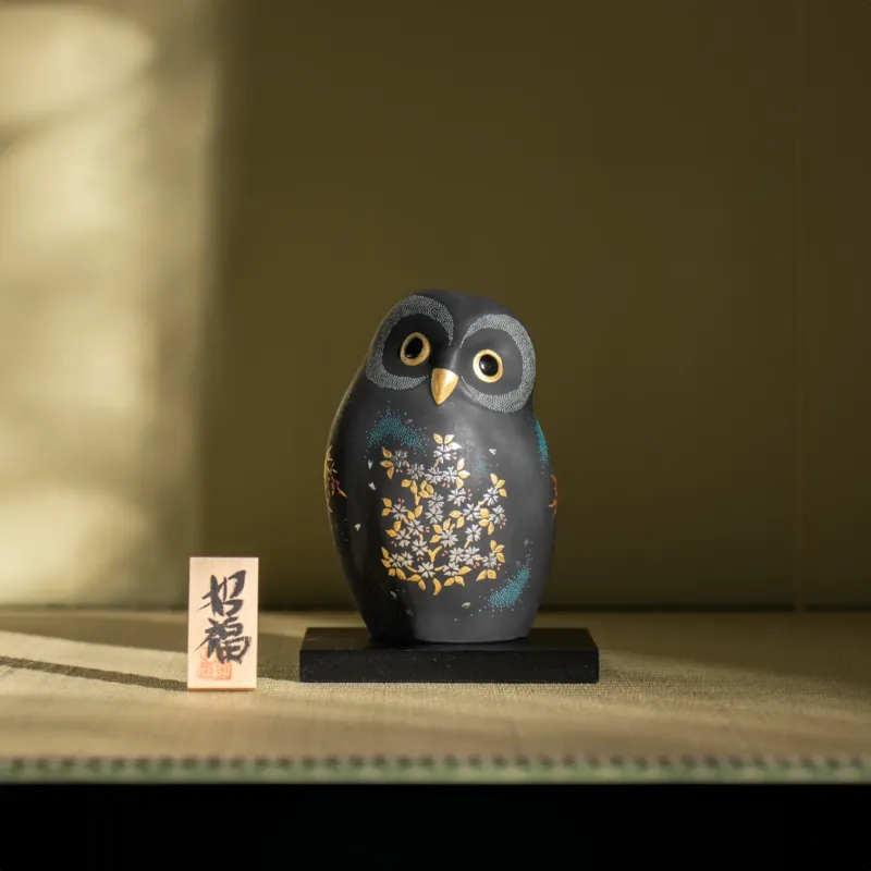 Morikin Aochibu Sakura and Plum Blossom Pattern Owl Figurine