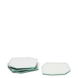 Shard Coasters set of 4 in mirror, angular shapes stacked and one set beside
