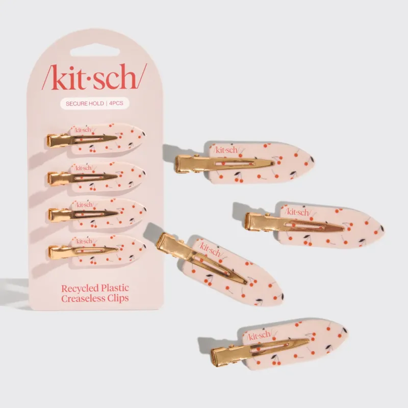 KITSCH Cherry Print Creaseless Clips 4pc Set — cherry-print clips shown on and beside their packaging card — keep hair pinned while getting ready without leaving behind any creases or damage — getting-ready routine