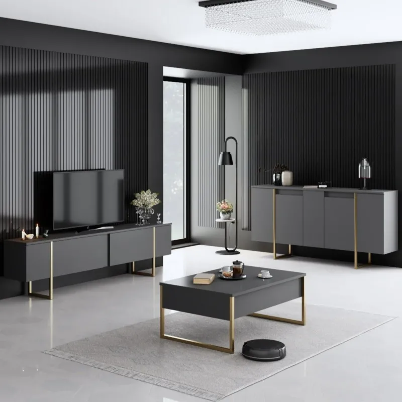 Möbelsets - Möbelset Anthrazit Luxus - Couchtisch + TV-Schrank + Kommode - Goldener Rahmen - Dimehouse