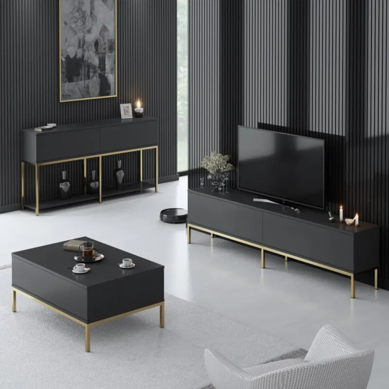 Möbelsets - Möbelset Anthrazit Lord - Couchtisch + TV-Schrank + Kommode - Goldener Rahmen - Dimehouse