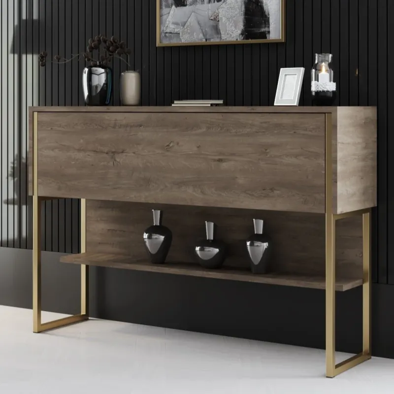 Sideboards - Modern Sideboard Walnuss Luxus 120x80x30 - Goldrahmen - Ein Fach - Dimehouse