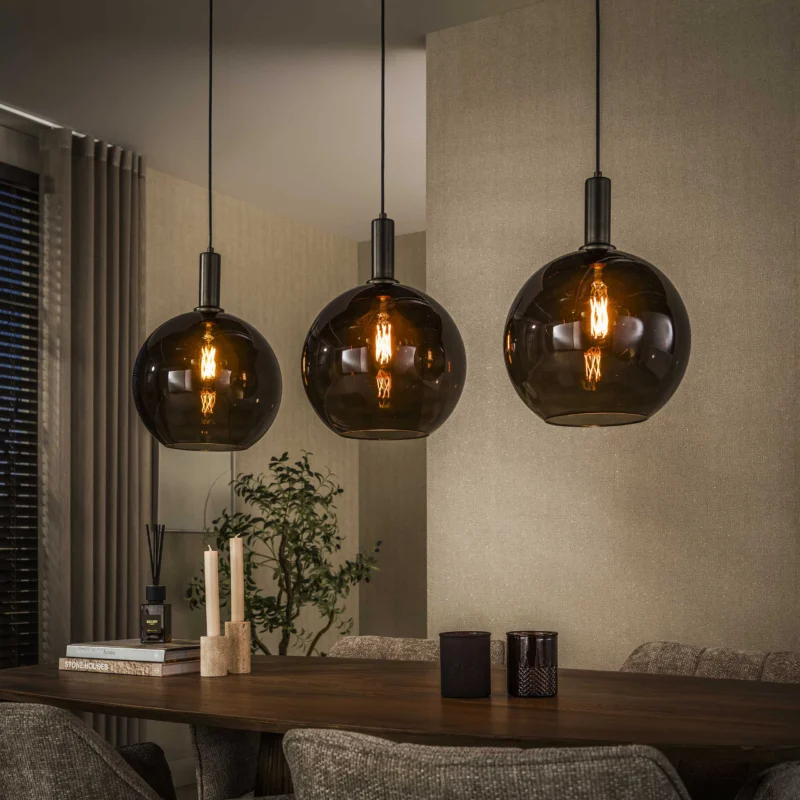 Hängelampen - Hängelampe 3 - hellbraunes Glasschwarz Metall Valeo 115cm - Dimehouse