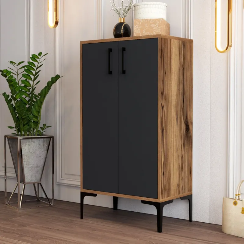 Schuhschränke - Schuhschrank Prag Walnuss Anthrazit Melamin 60x111x35 cm - Dimehouse