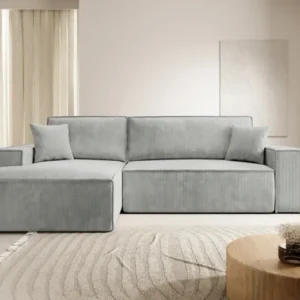 Ecksofa mit Schlafunktion Farese New, L-förmig, mit Stauraum, hellgrauer Cord, linksseitig