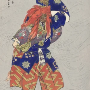 Actor in the Role of the Dragon God Kasuga (Aug–1925) by Tsukioka Kōgyo — A fiery red-maned deity strides in purple, gold and blue robes