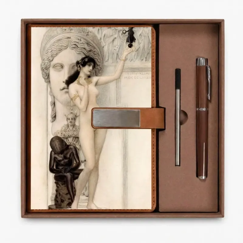 Open presentation box with the Brown Allegory of Sculpture by Gustav Klimt notebook and matching refillable metal pen, gallery view 1