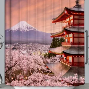 Asian Japanese Shower Curtain Mount Fuji Japanese Temple and Cherry Blossom
