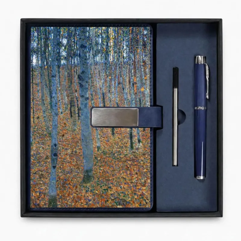 Open presentation box with the Blue Beech Grove I by Gustav Klimt notebook and matching refillable metal pen, gallery view 1