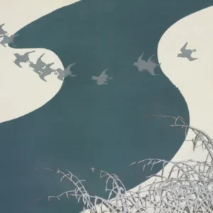 Birds, from Momoyogusa by Kamisaka Sekka — Pale birds cross a winding teal river above frosted reeds