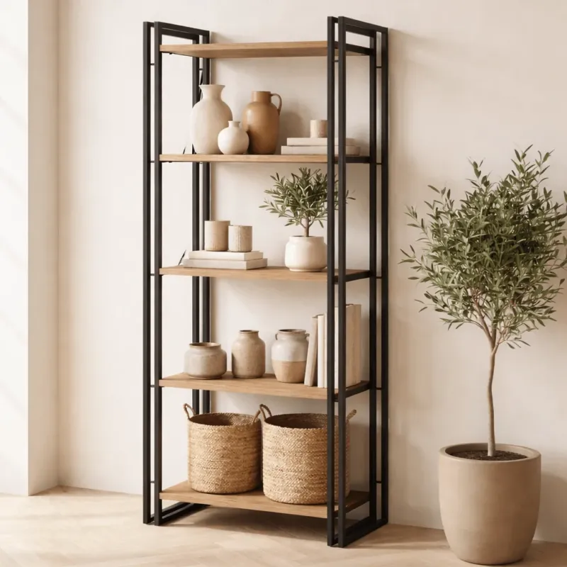 Bücherregale – Industrielles Bücherregal Kiefernholz Melamin schwarz Metall Cosmo 60x180x35 cm - Dimehouse