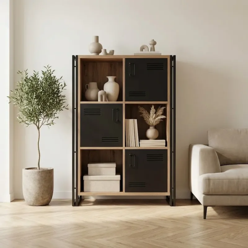 Bücherregale – Industrieschrank Kiefernholz Melamin schwarz Metall Cosmo 89x127x35 cm - Dimehouse