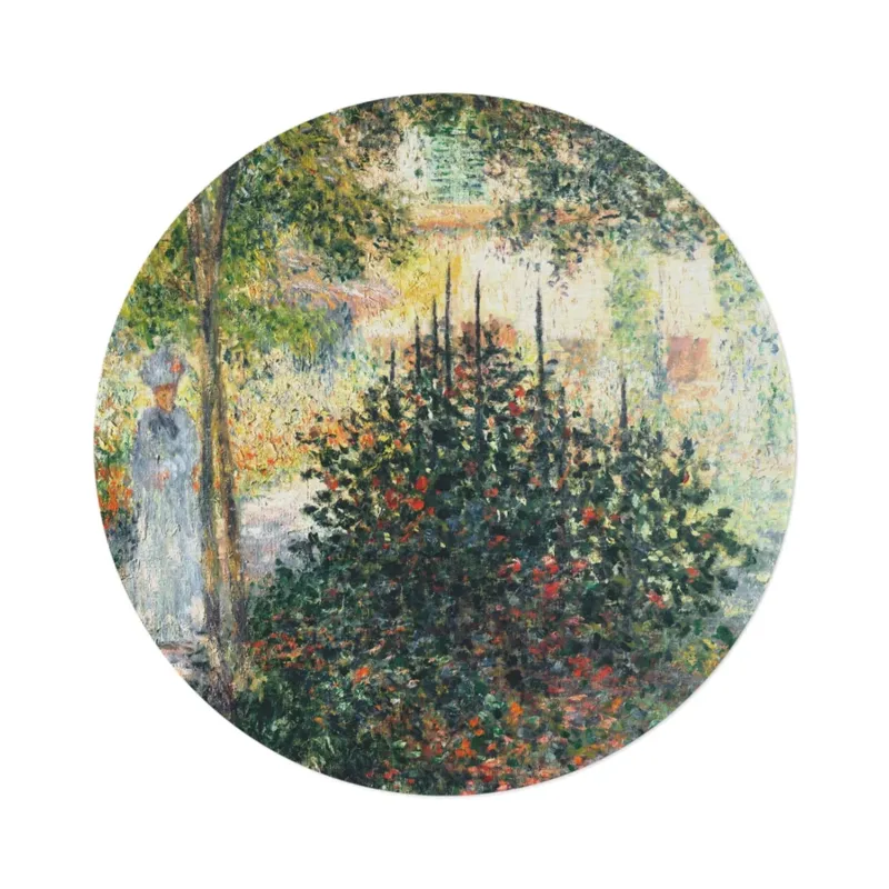 Camille Monet in the Garden at Argenteuil round mat, top view on white background