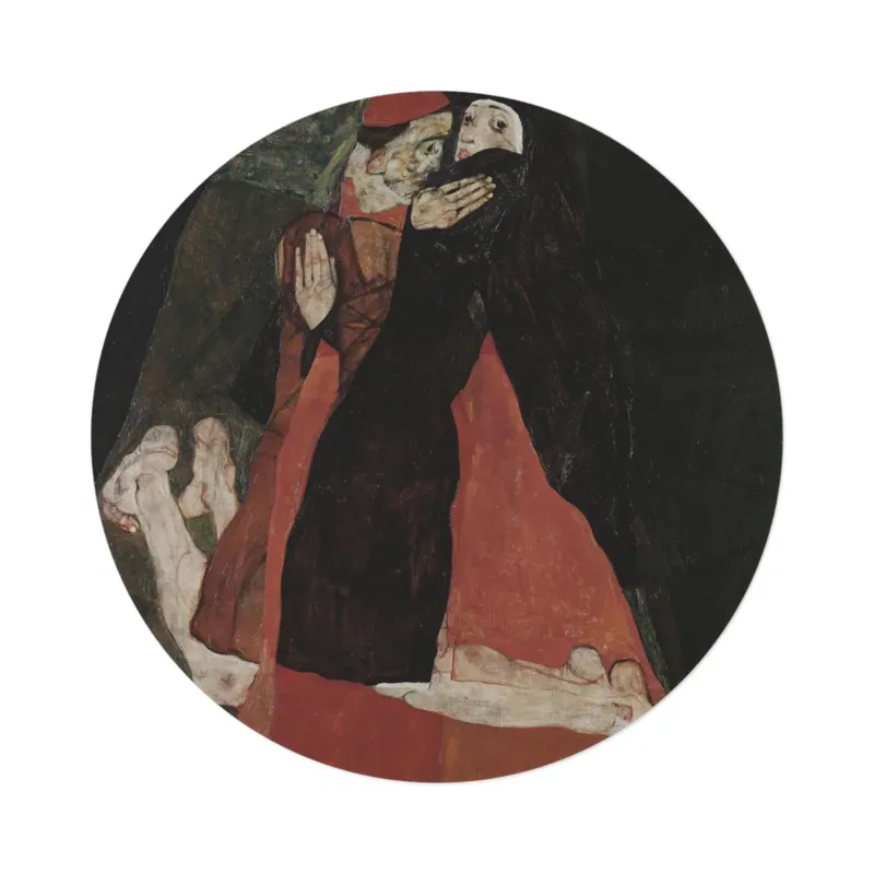 Cardinal and Nun artwork by Egon Schiele on a round mat, product photo on white