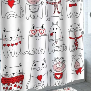 Cat Shower Curtain with Red Black and White Lovely Cats Drawings