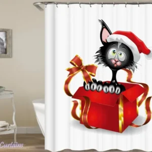Christmas Cat Shower Curtain of Santa's Cat In A Gift Box