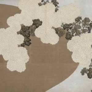 Chrysanthemums (Momoyogusa) by Kamisaka Sekka — Cascading white chrysanthemums spill over a warm brown bank