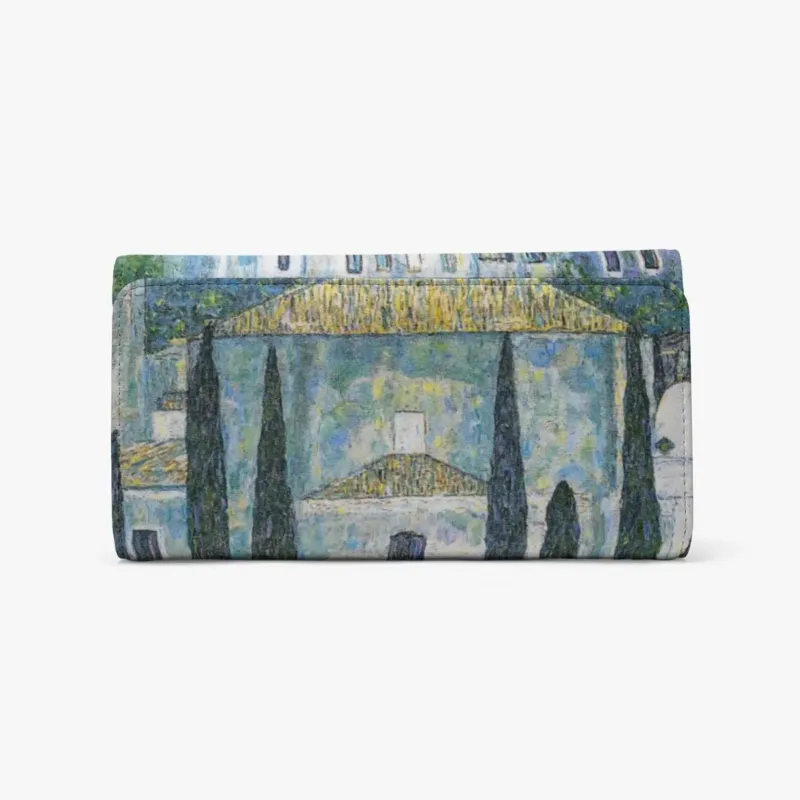 Church in Cassone Long Flap Wallet by Gustav Klimt, front view showing pale blue buildings, dark cypress trees and the church facade