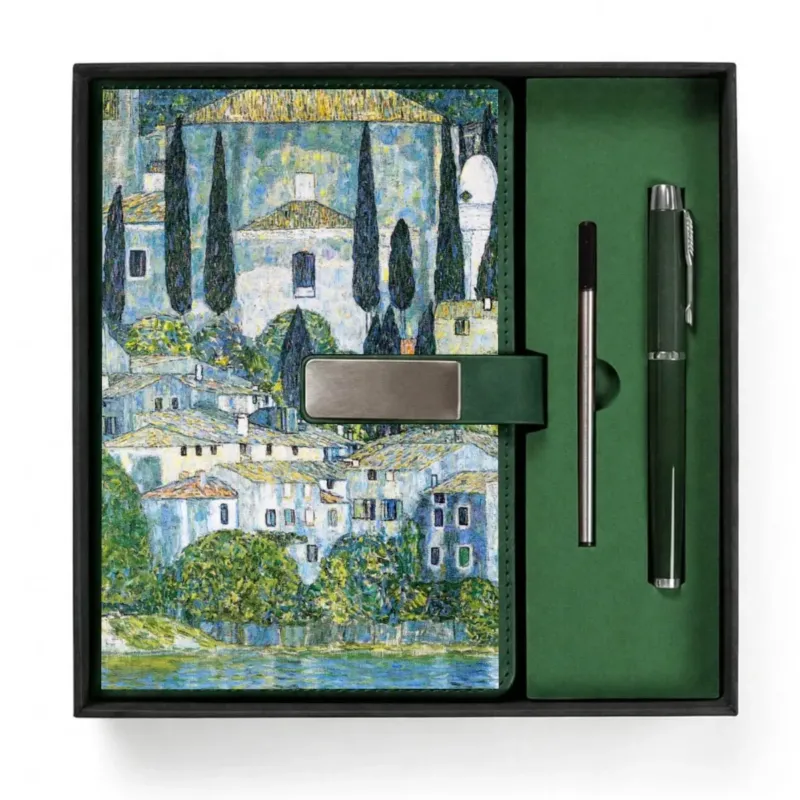 Open presentation box with the Dark Green Church in Cassone by Gustav Klimt notebook and matching refillable metal pen, gallery view 1