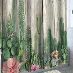 Country Shower Curtains of Painted Floral Cactus on Wood Deck