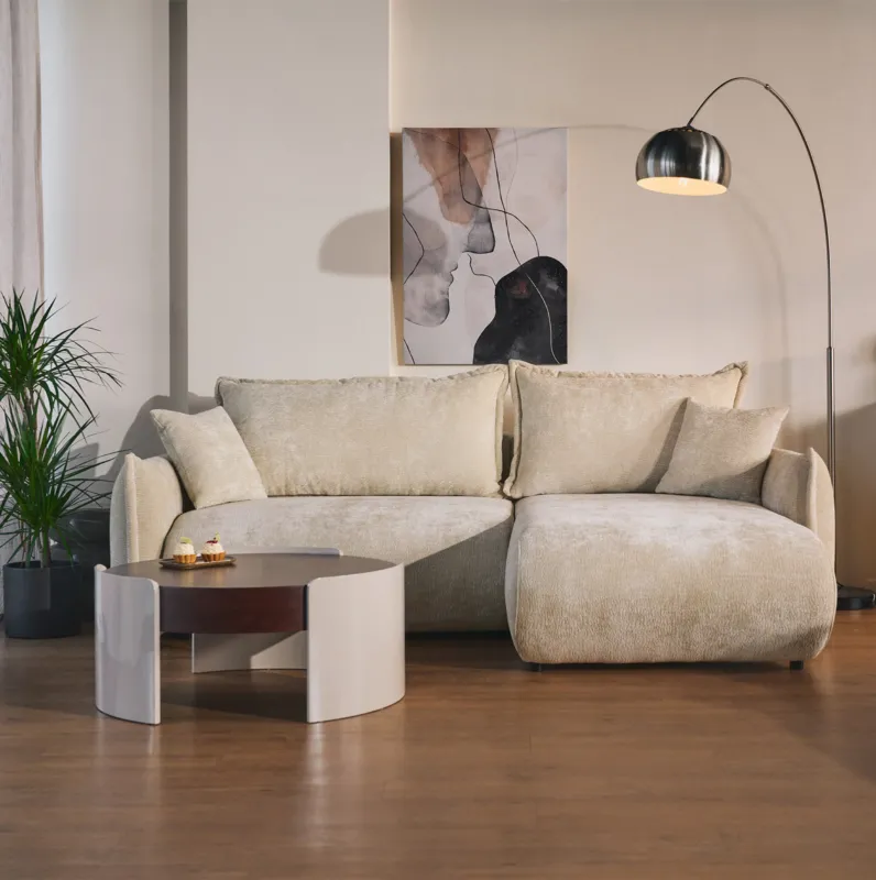 Ecksofa mit Schlaffunktion Cushi, L-förmig, rechtsseitig, mit Stauraum, beige Chenille