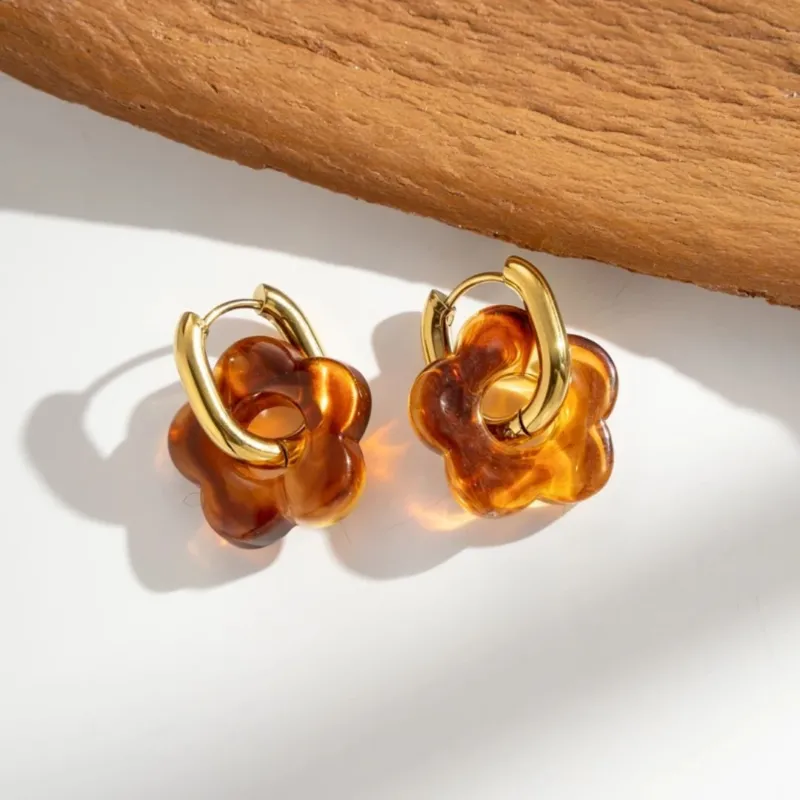 Damen Creolen gold mit bunten Harzblumen braun