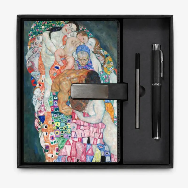 Open presentation box with the Black Death and Life by Gustav Klimt notebook and matching refillable metal pen, gallery view 1