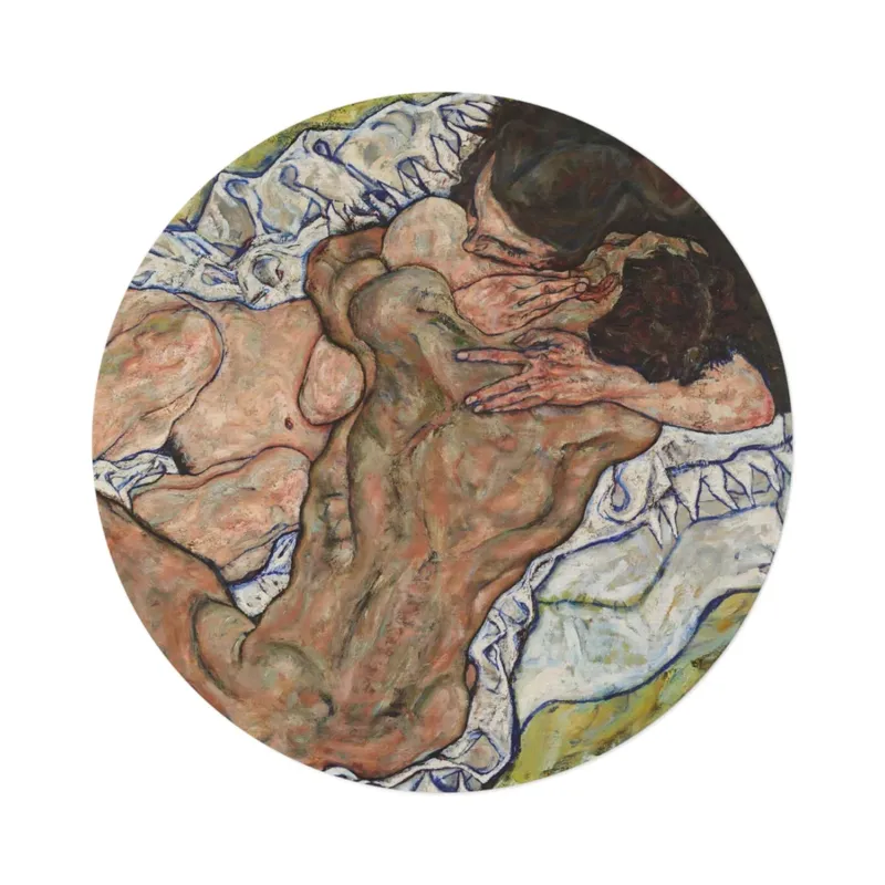 Die Umarmung by Egon Schiele on a round mat, top view product shot on white