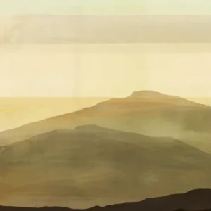 Aquarell-Illustration von Bergen in erdigen Tönen mit hellem Himmel.