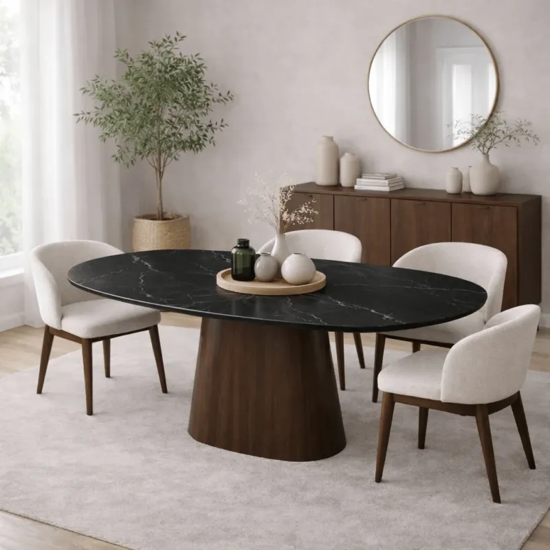 Esstische - Esstisch Sinterstein Marmoroptik Schwarz - Walnussrahmen - Dänisches Oval - 180x90 cm - Lea - Dimehouse