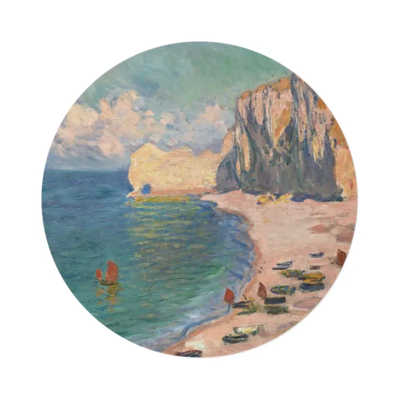 Étretat beach and cliff round mat, overhead product photo on white background