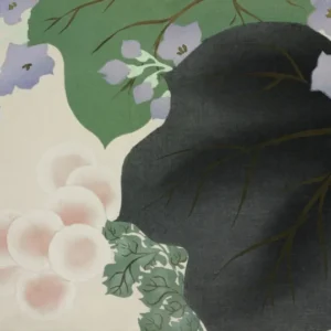Flowers and leaves, from Momoyogusa by Kamisaka Sekka — A broad dark leaf shadows pale pink blossoms and lavender flowers