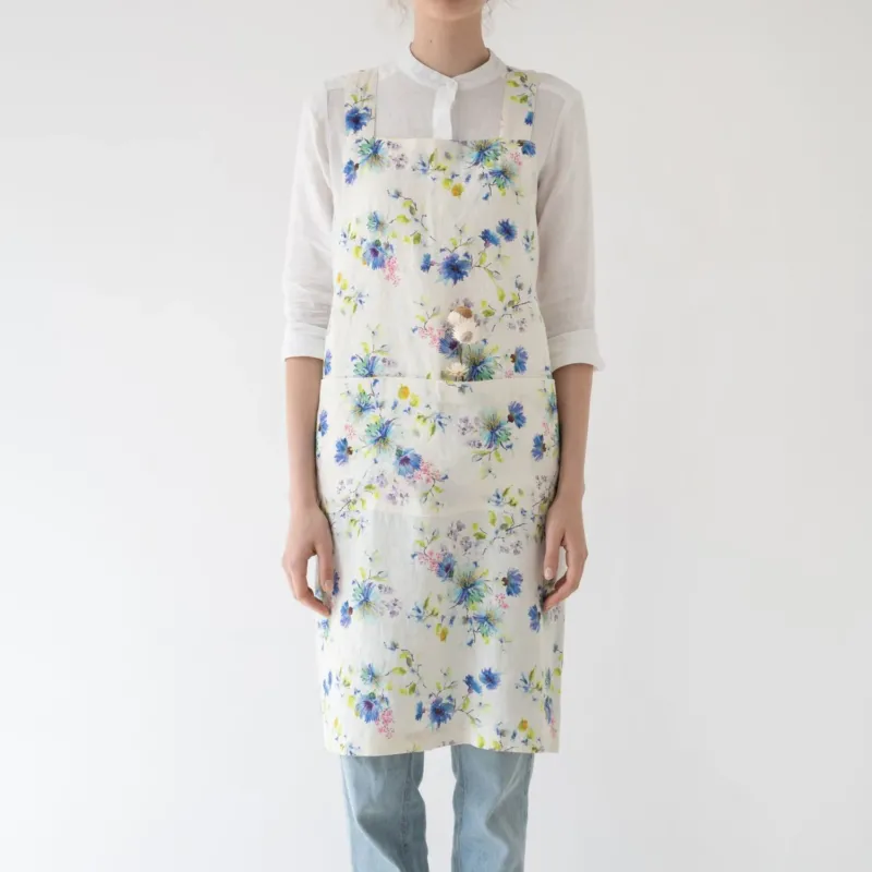 Leinen - Schürze Crossback, White Flowers - Linen Tales