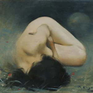 Foreshortened Female Nude by Ramon Casas — A pale unclothed figure curves sharply against dark ground